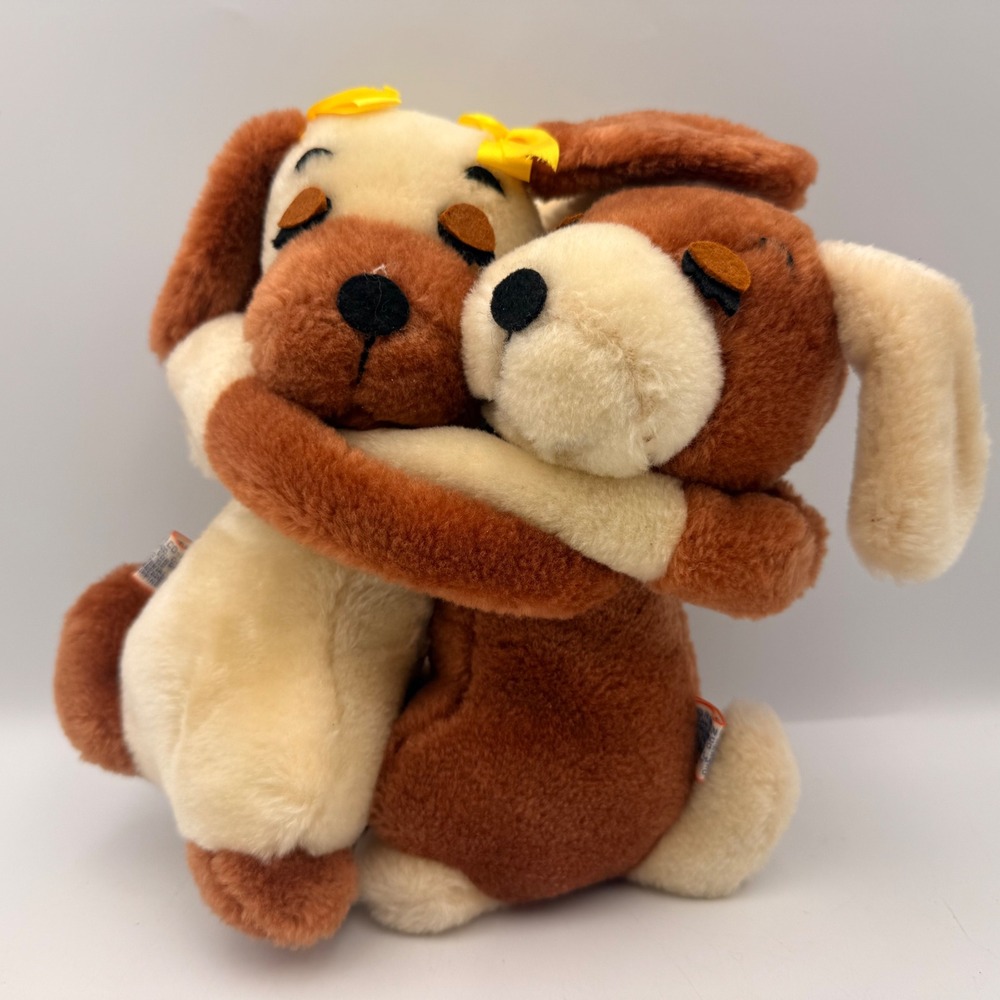 Vintage 1976 R Dakin Hugging Puppies Plush Brown Cream Stuffed Dog Toy 8in